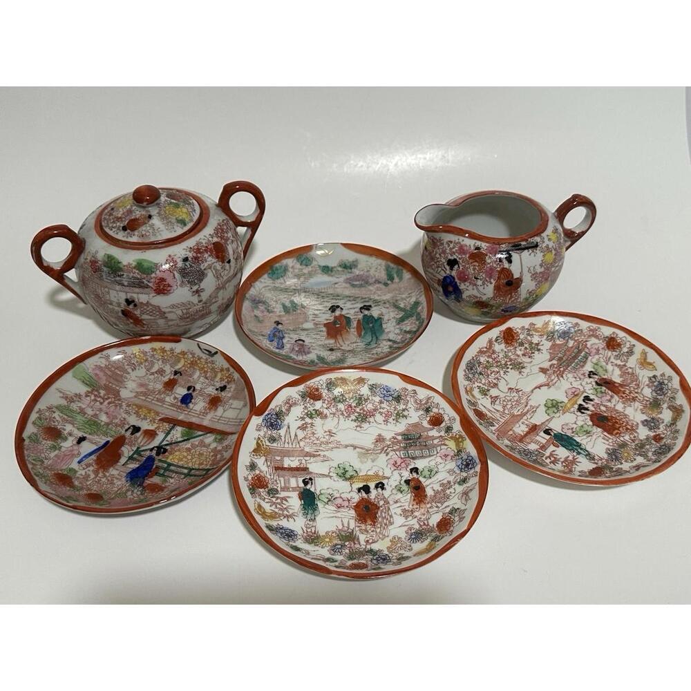 Antique Japanese Kutani Porcelain Tea Set; Hand-Painted Geisha Ware